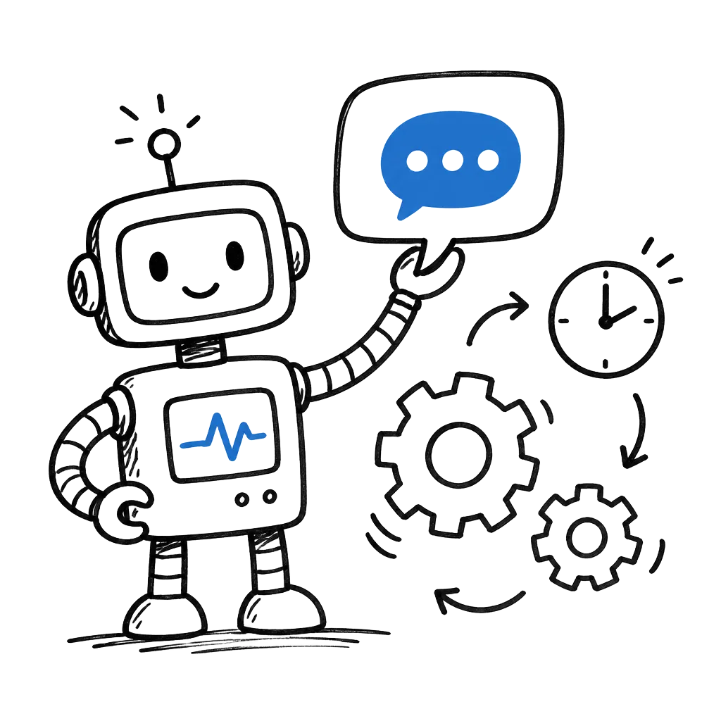 Ilustración a mano de un robot simpático con una burbuja de chat, engranajes y un reloj