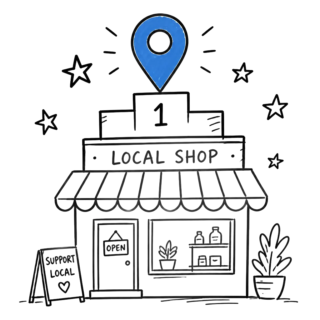 Ilustración a mano de un pequeño comercio con un pin de Google Maps en el podio del número 1