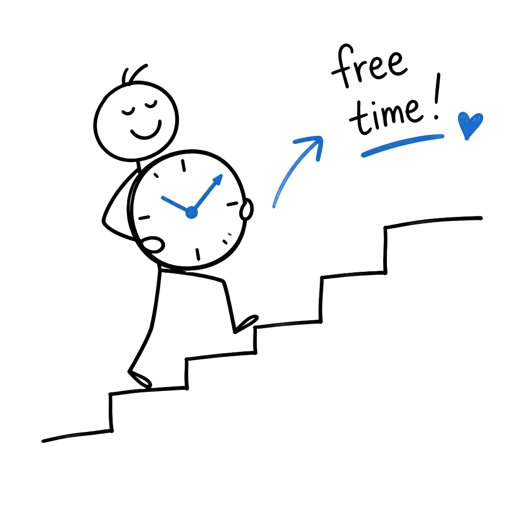 Ilustración a mano de una persona subiendo escaleras con un reloj: trabaja menos, vende más